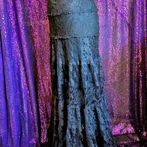 True vintage black lace tiered maxi skirt